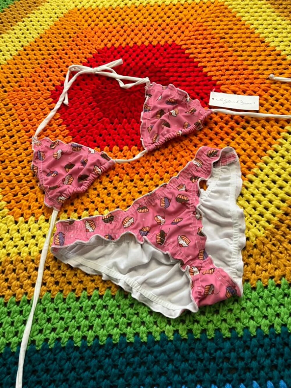 NWT In Your Dreams Pink Cupcake Triangle Top Scrunch Butt Bikini Swim Suit